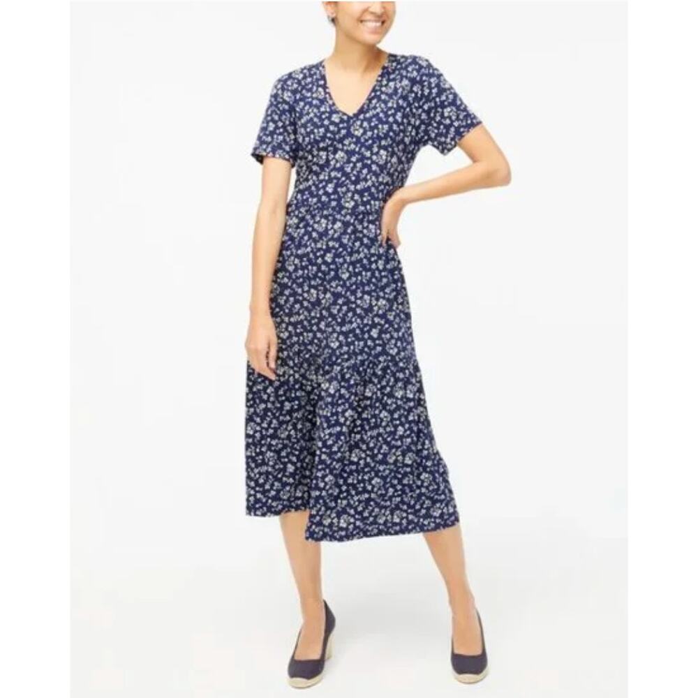J. Crew V-neck Tiered Knit Cotton Midi Dress Navy Blue Floral AV658 Size M - Picture 2 of 13
